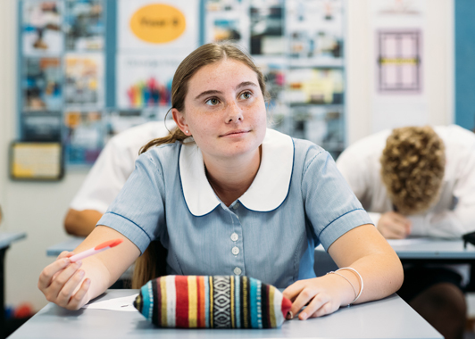 Female student sits at desk in a classroom holding a pen